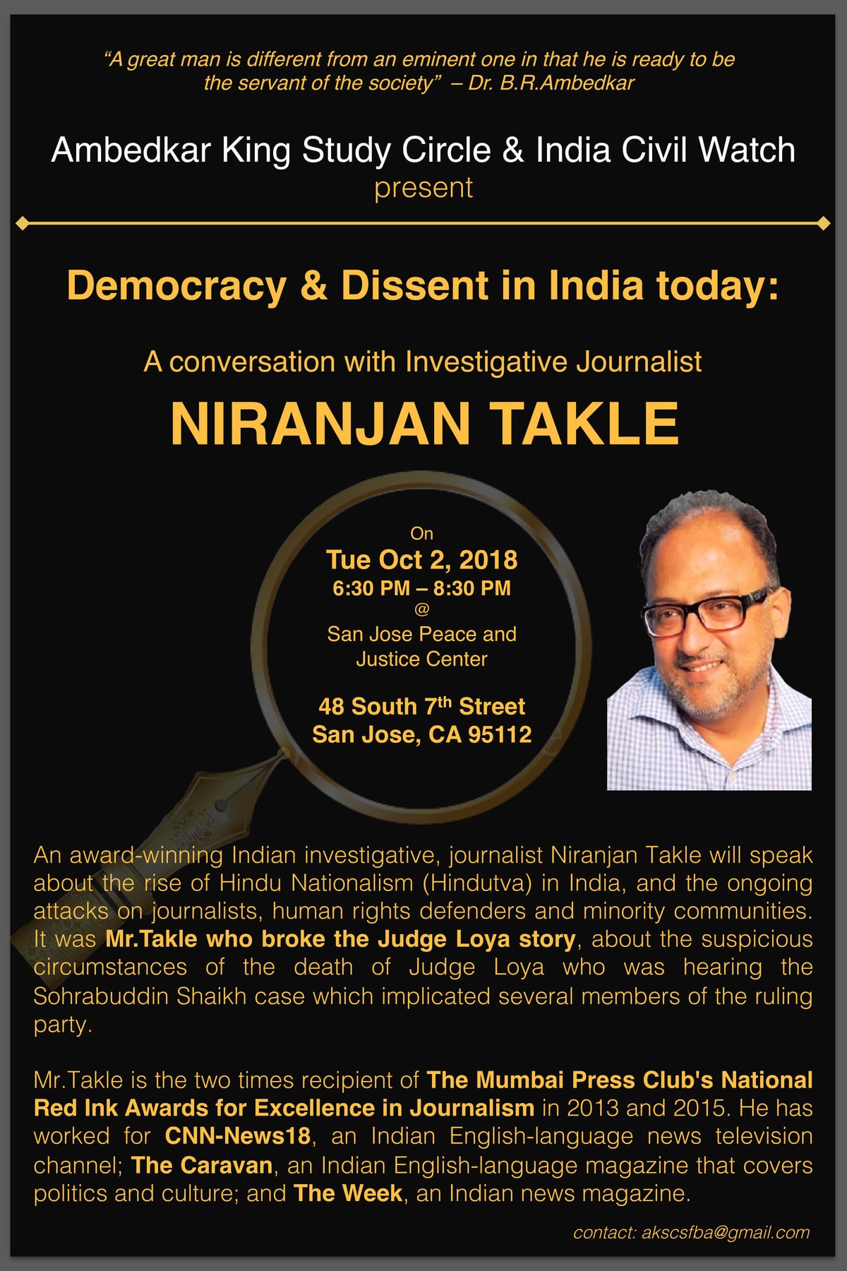 Black flyer announcing Democracy and Dissent in India Today, a conversation with investigative journalist Niranjan Takle in San Jose on October 2, 2018.